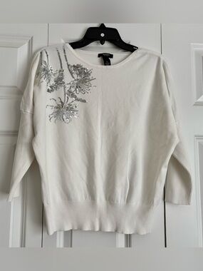 Alfani White Sweater with Silver Sequin Floral Accents